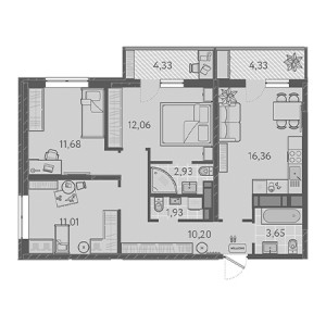 3 комнатная 72.42м²