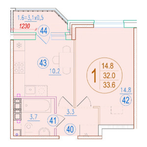 1 комнатная 33.6м²