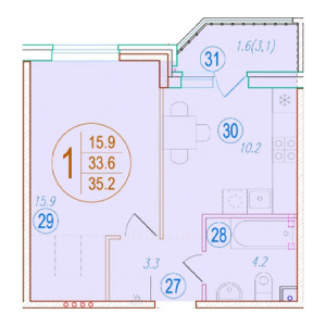 1 комнатная 35.2м²