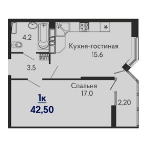 1 комнатная 42.5м²