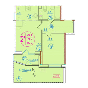 1 комнатная 45.5м²