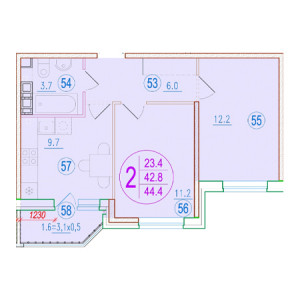 2 комнатная 44.4м²