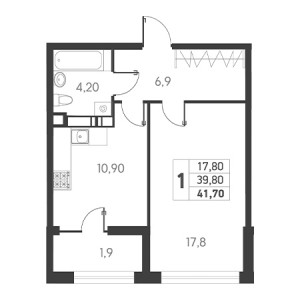 1 комнатная 41.7м²