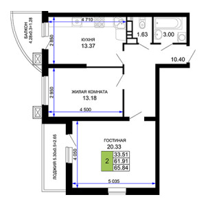 2 комнатная 65.84м²