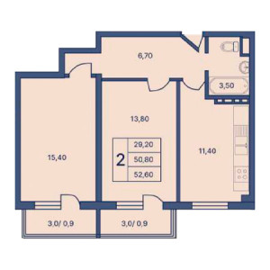 2 комнатная 52.60м²