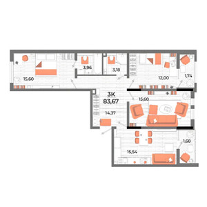 3 комнатная 83.67м²