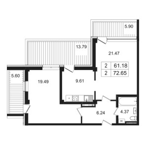 2 комнатная 72.65м²