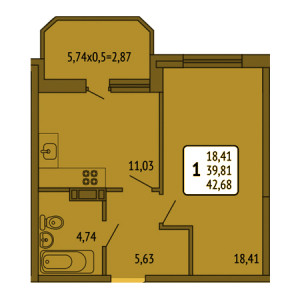 1 комнатная 42.68м²