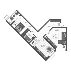 2 комнатная 53.8м²