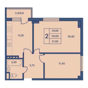 2 комнатная 51.50м²