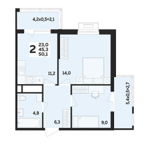 2 комнатная 50.1м²