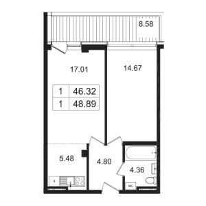 1 комнатная 48.89м²