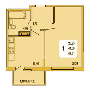 1 комнатная 42.61м²