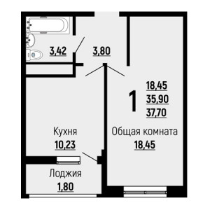 1 комнатная 37.7м²