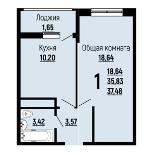 1 комнатная 37.48м²