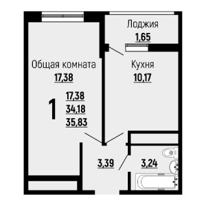 1 комнатная 35.83м²