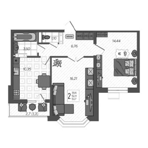 2 комнатная 53.7м²