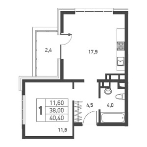 1 комнатная 40.4м²