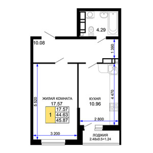 1 комнатная 45.87м²