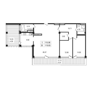 3 комнатная 119.65м²