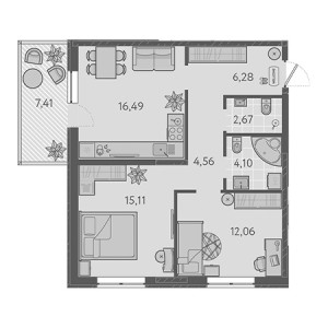 2 комнатная 63.49м²