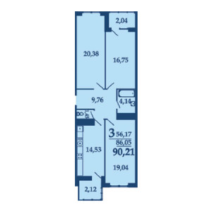 3 комнатная 90.21м²