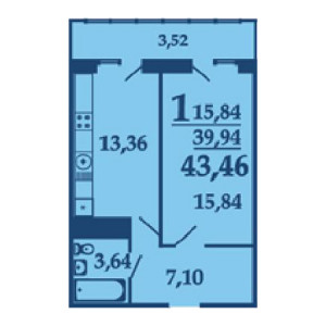 1 комнатная 43.46м²