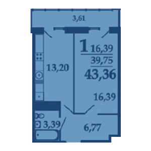 1 комнатная 43.36м²