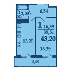 1 комнатная 43.2м²