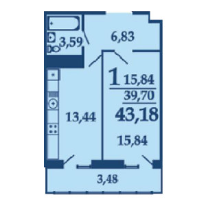 1 комнатная 43.18м²