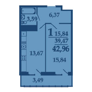 1 комнатная 42.96м²