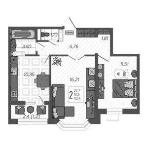 2 комнатная 52.5м²