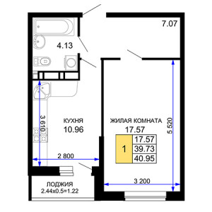 1 комнатная 40.95м²