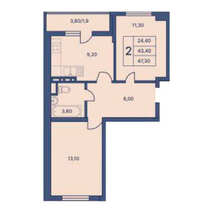 2 комнатная 47.30м²