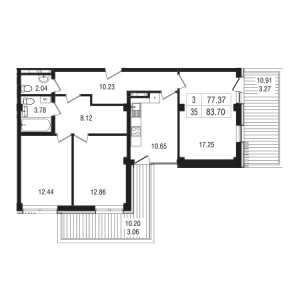 3 комнатная 83.7м²