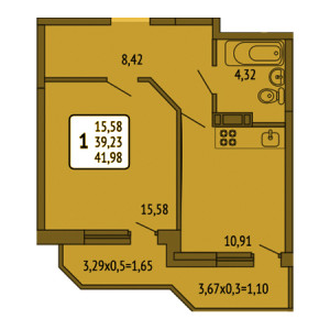 1 комнатная 41.98м²