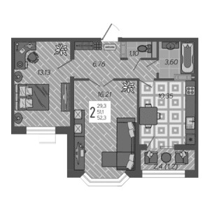 2 комнатная 52.3м²