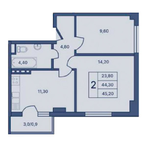 2 комнатная 45.20м²