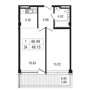 1 комнатная 49.15м²