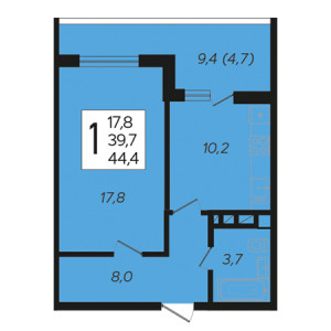 1 комнатная 44.4м²