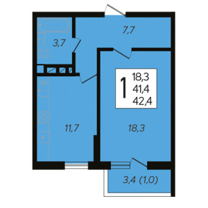 1 комнатная 42.4м²