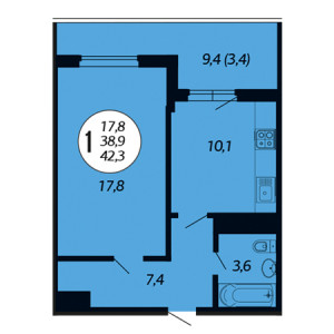 1 комнатная 42.3м²