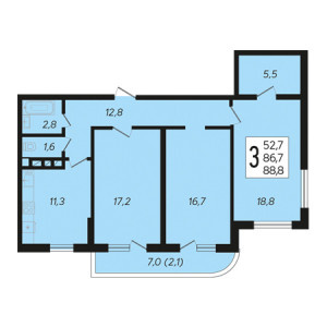 3 комнатная 88.8м²