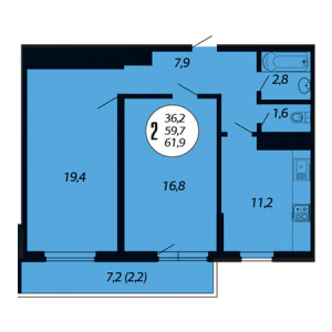 2 комнатная 61.9м²