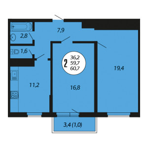 2 комнатная 60.7м²