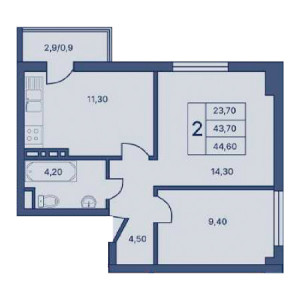 2 комнатная 44.60м²