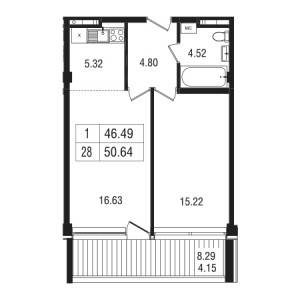 1 комнатная 50.64м²