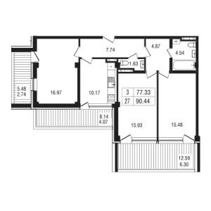 3 комнатная 90.44м²