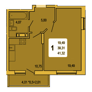 1 комнатная 41.32м²