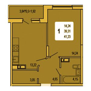 1 комнатная 41.23м²